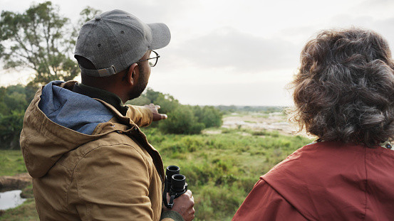 Guide and a mature woman looking at the scenic view while standing on an observation deck in a wildlife reserve
