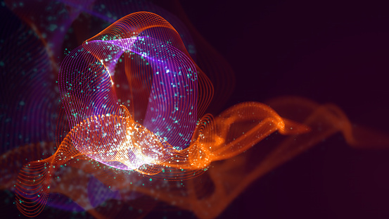 3D rendering of abstract structure of intertwined dots. Bright colored technological background made of luminous threads and surfaces on a dark background