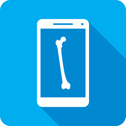 Vector illustration of a smartphone with femur icon against a blue background in flat style.
