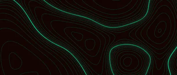 Vector illustration of Abstract line background. Black topographic contour map concept. Neon green terrain outline pattern. Linear geographic design template wallpaper for poster, banner, print, leaflet. Vector illustration