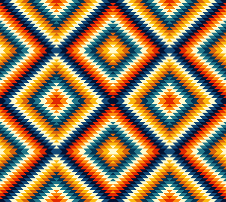 Tribal pattern in bright colors, large scale Aztec diamonds geometrics