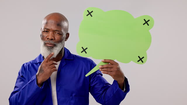 Thinking mechanic, mature black man or speech bubble for social media communication, service idea or studio feedback. Mockup poster space, repair plan solution or portrait engineer on grey background