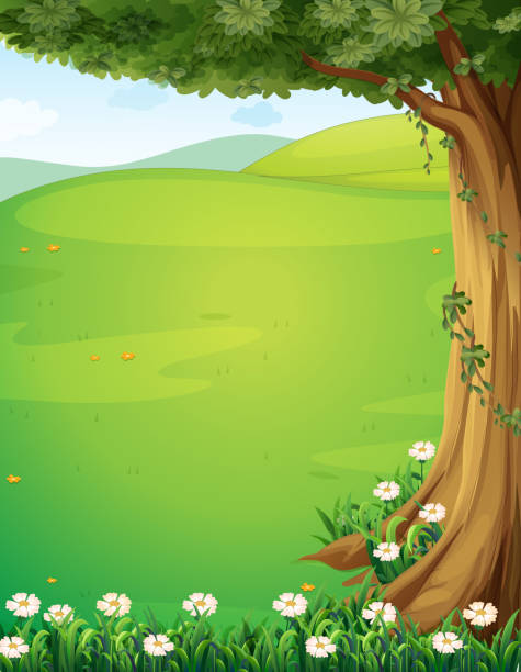 ilustraciones, imágenes clip art, dibujos animados e iconos de stock de vista de las colinas con un árbol y flores - grass branch wealth forest