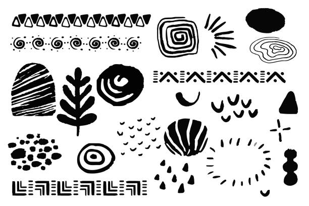 ilustraciones, imágenes clip art, dibujos animados e iconos de stock de establezca elementos de formas étnicas tribales africanas en estilo garabato aislados sobre fondo blanco. pincel adornos signo nativo. ilustración vectorial - dibujos de aztecas
