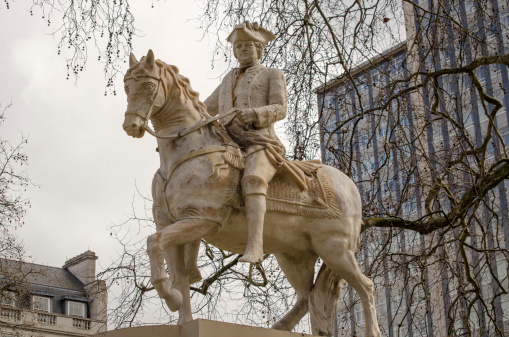 Reproduction of the monument to William, Duke of Cumberland (1721 - 1765) originally erected in 1770.  Public statue on display at Cavendish Square, central London.