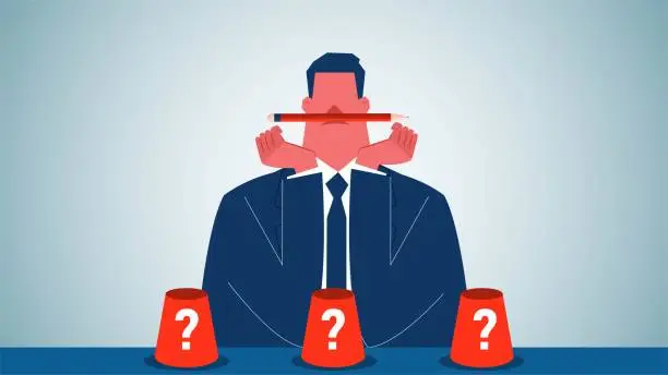 Vector illustration of Choice, Thinking and Decision Making, Doubting Confusion and Thinking about making the best decision, Businessman thinking about which of the three cups in front of him should be chosen