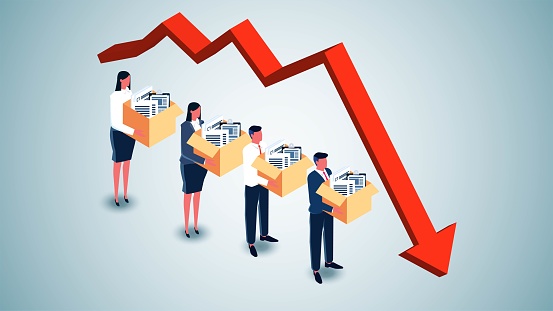 Economic downturn, economic decay, diminishing business returns mass layoffs in businesses, waves of unemployment, economic downturn, isometric falling arrows below businessmen leaving in droves with folders in hand