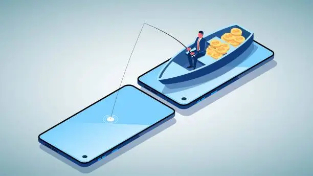 Vector illustration of Phishing or traps, financial scams, investment risks, online lures or crimes, traders sitting in a boat fishing on a smartphone