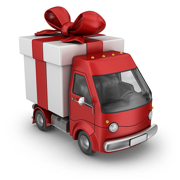 boîte cadeau rouge camionnette de livraison - truck delivery van isolated freight transportation photos et images de collection