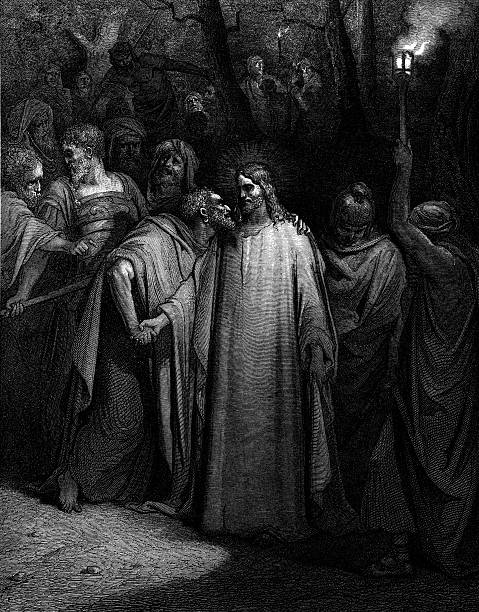 유다 betrays 예수스, 키스 - garden of gethsemane stock illustrations
