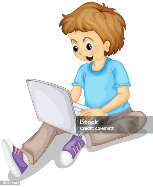 Ilustración de Niño Y Su Computadora Portátil y más Vectores Libres de Derechos de Aprender - Aprender, Estudiante, Fondo blanco