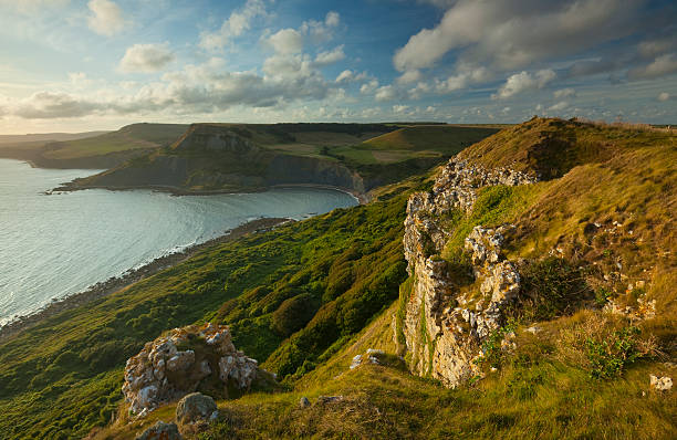 The view from Emmett's Hill "This is the view from the south west coast path overlooking Chapmans Pool looking west towards Worbarrow Bay and Kimmeridge, Dorset, U.K" bill of portland stock pictures, royalty-free photos & images