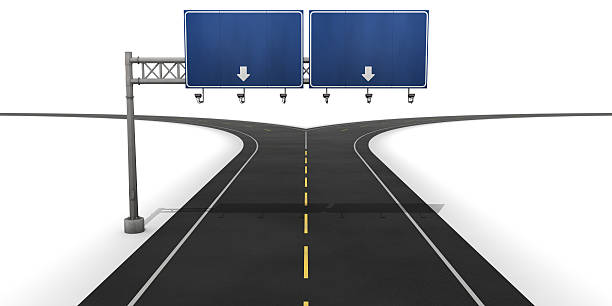 istock Fork in the road with blank blue sign 182349934