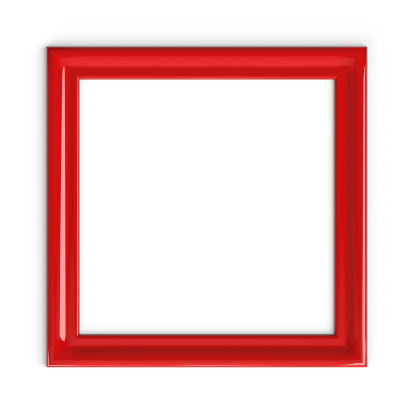 Red Plastic Picture Frame On White Wall. Art Serie. 3D Render.