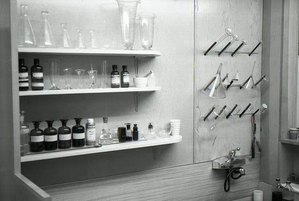 laboratory 1959, retro Laboratory in veterinary hospital in 1959. Kodak Plus X Pan scanned film with grain. 1950 1959 photos stock pictures, royalty-free photos & images