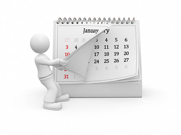 3D guy turning over the calendar page. January. stock photo