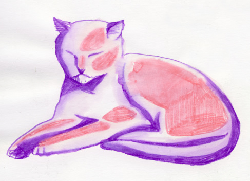 High quality scan of painted watercolor cat with nice paper texture.