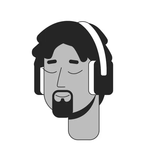 Vector illustration of Black man with dreads listening to music black and white 2D line cartoon character head