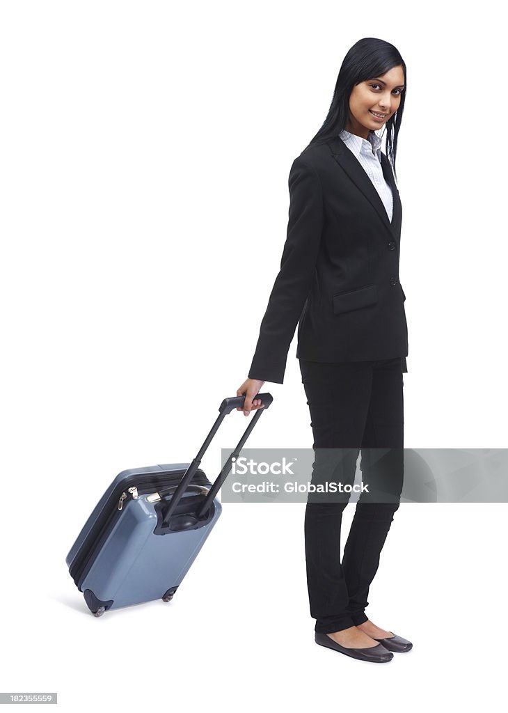 Joven mujer de negocios hablando con bolsa de transporte - Foto de stock de 20 a 29 años libre de derechos