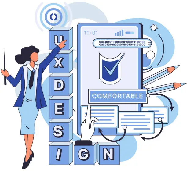 Vector illustration of UX design metaphor. UX, invisible guide that smoothens users journey through software Designing software, art form