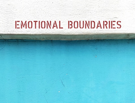 Text of copy space blue background Emotional Boundaries  -  frontier and bounding line which gives one sense of entitlement - personal space and privacy to conserve emotional energy and control emotions