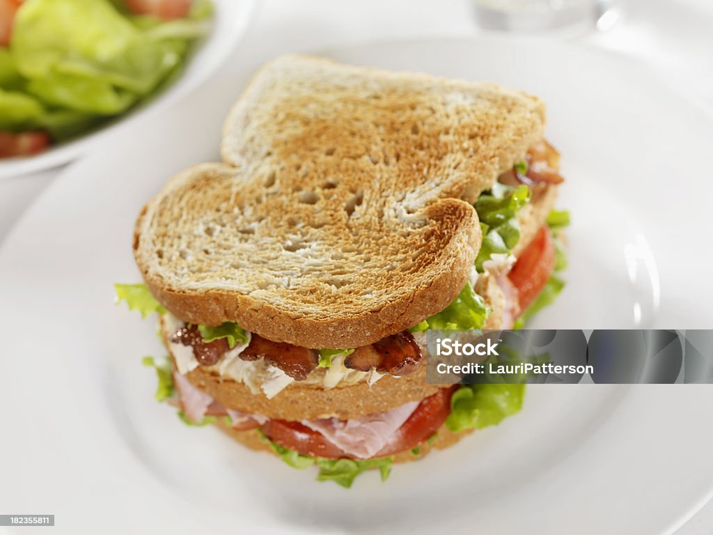 Toasted Club Sandwich with Garden Salad Toasted Club Sandwich with Garden Salad -Photographed on Hasselblad H3D2-39mb Camera Directly Above Stock Photo