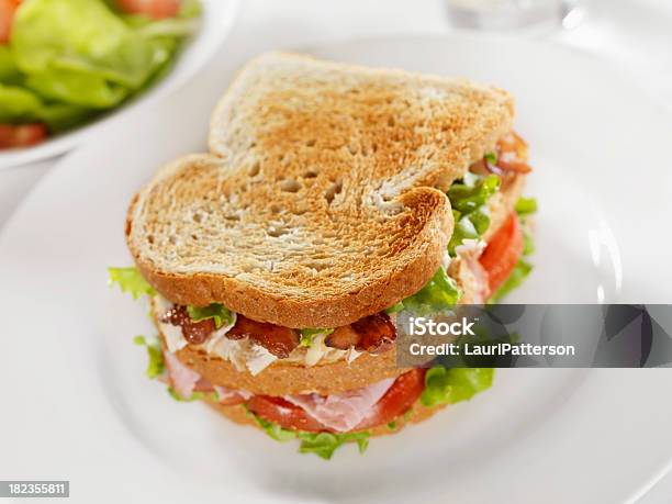 Toasted Club Sandwich With Garden Salad Stock Photo - Download Image Now - Directly Above, Sandwich, Bacon Lettuce And Tomato
