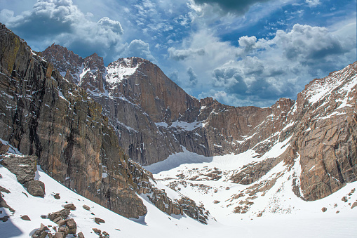 Close up of a snowy mountain, extreme terrain on a sunny day