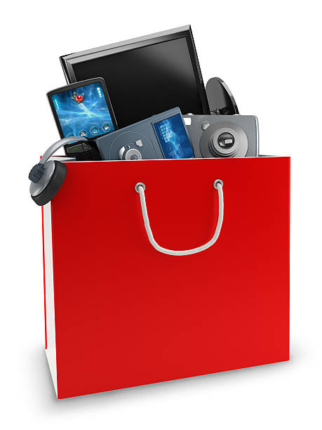 Electronics shopping "Shopping  bag full of home electronics: A touchscreen phone, a widescreen LCD monitor, a digital camera and mp3 player... Isolated on white with clipping path. High resolution 3d rendering.Similar images:" electronics store stock pictures, royalty-free photos & images