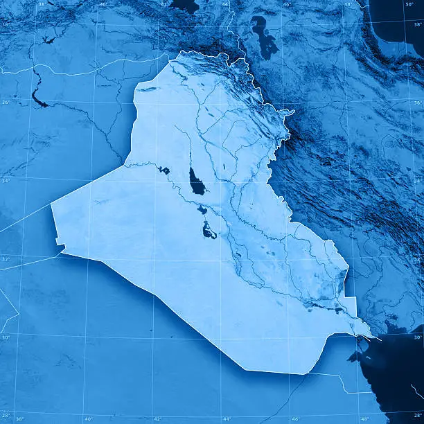 "3D rendering and image composing: Topographic Map of the Republic of Iraq. Including national borders, rivers and accurate longitude/latitude lines. High resolution available! High quality relief structure!Relief texture and satellite images courtesy of NASA. Further data source courtesy of CIA World Data Bank II database.Related images:"