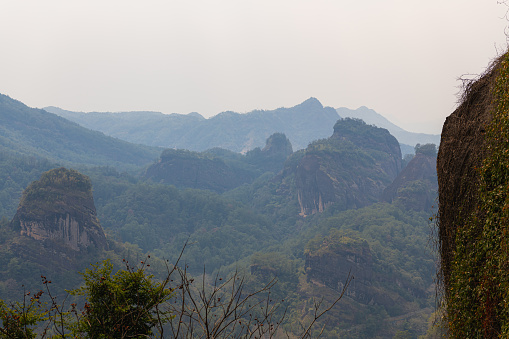 Beautiful mountain landscape of Wuyishan from Da Wang peak in Fujian, China. Background with copy space for text