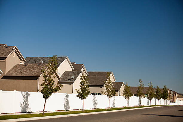 istock Suburban street under a blue sky 182358305
