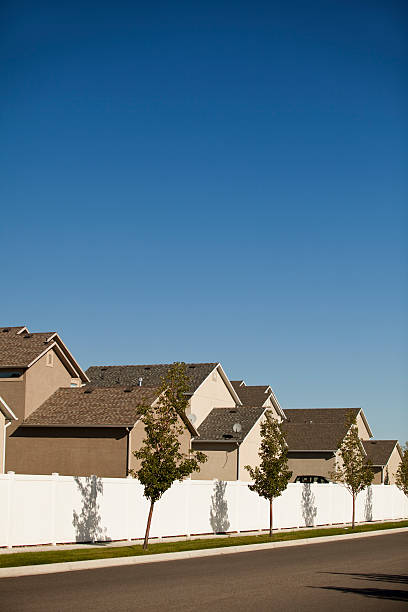 istock Suburban street under a blue sky 182358306