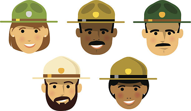 Forest Rangers A collection of five forest rangers, both male and female, of several ethnicities and wearing a variety of official ranger hats. park ranger stock illustrations
