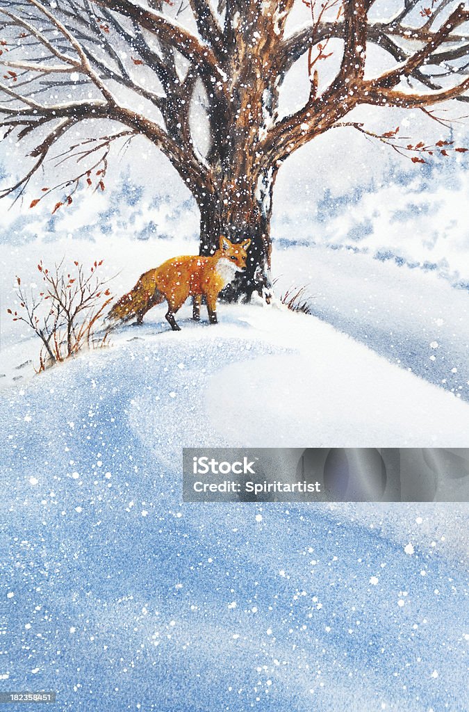 Fox In The Snow "This watercolor painting of a red fox in a winter scene, provides space for your unique message." Christmas stock illustration