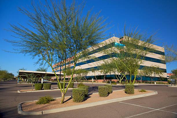 Scottsdale Business Property Scottsdale Arizona rectangular business building modern 20th century style on a clear day with palo verde trees set on a bright blue clear sky background southwest usa architecture building exterior scottsdale stock pictures, royalty-free photos & images