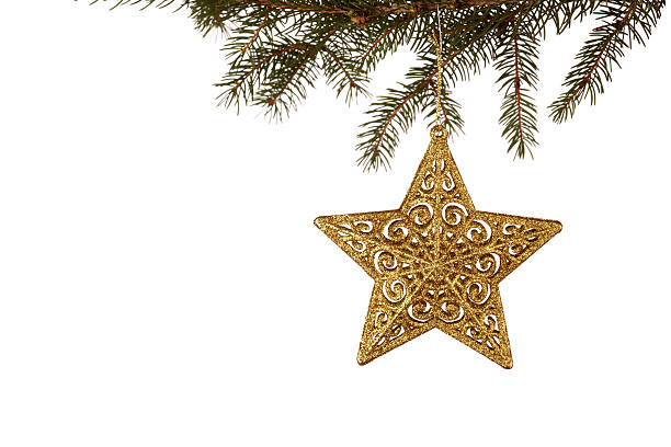 istock Glittery Gold Star Ornament Hanging on Christmas Tree, White Background 182358802