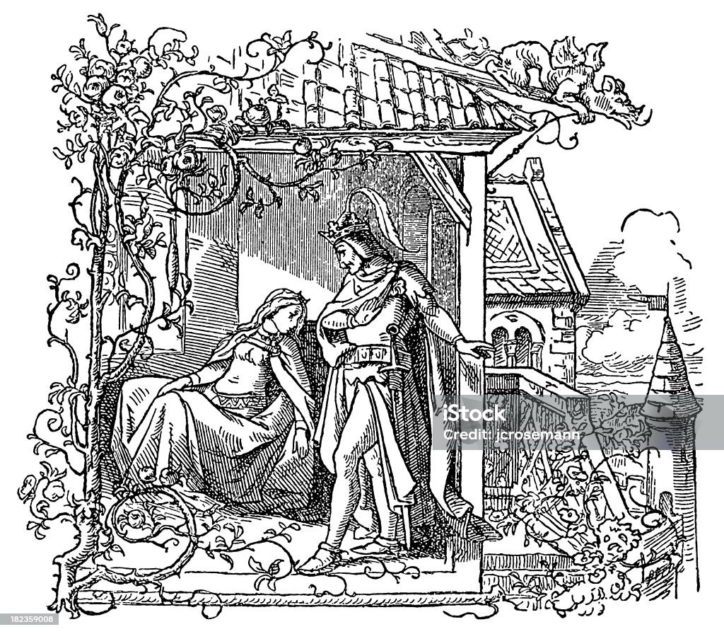 Sleeping Beauty and the Prince "Sleeping Beauty and the PrinceEngraving by Adrian Ludwig Richter (September 28, 1803 aa June 19, 1884), a German painter and etcher. Photographed and edited by J. C. Rosemann." Castle stock illustration