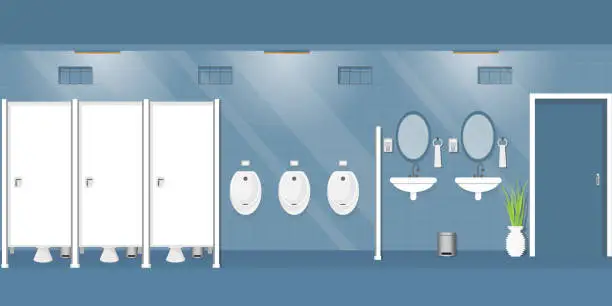 Vector illustration of Public toilet for men with furniture and stuff.