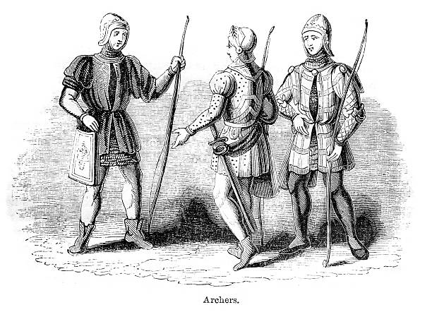 Archers Vintage engraving of medieval english archers with their longbows circa 14th century stock illustrations