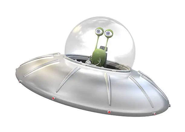 Flying saucer with alien pilot isolated on a white background.could be useful in a science fiction composition.This is a detailed 3d rendering.