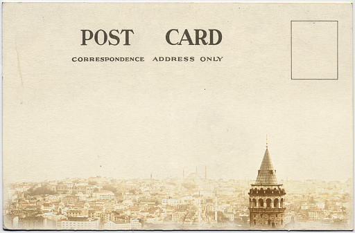 Composite image of Galata Tower in Istanbul and an antique Post Card.