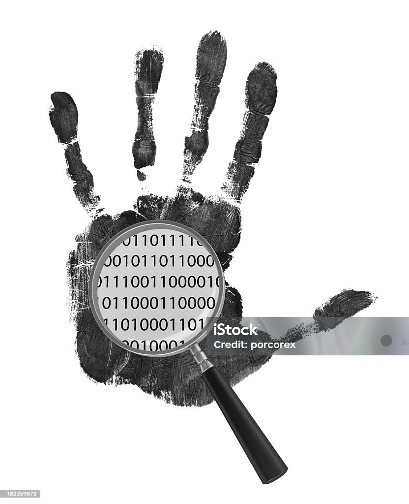 Mano umana con codice binario e lente di ingrandimento - Foto stock royalty-free di Scienza forense