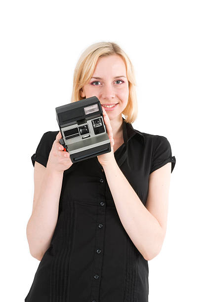 Smile Beautiful woman making photo of you. Isolated on white cute id pictures stock pictures, royalty-free photos & images