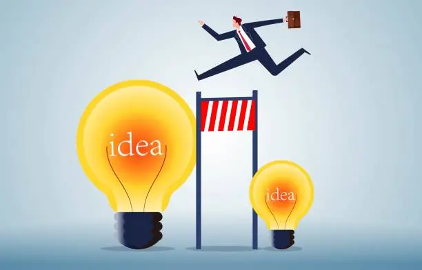 Vector illustration of Getting bigger ideas or greater ideas, greater creativity, corporate transformation or business innovation, big ideas to solve business problems, businessmen jumping from small light bulb hurdles to larger light bulbs