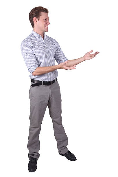 Isolated business man arms out presenting