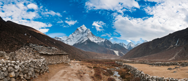Yak herders in golden brown dusty valley under the magnificent snow capped peak of Ama Dablam in the Solo Khumbu Himalyan region of Nepal. ProPhoto RGB profile for maximum color fidelity and gamut.