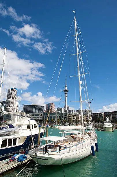 Auckland Skytower with boats in the Viaduct marina in foreground