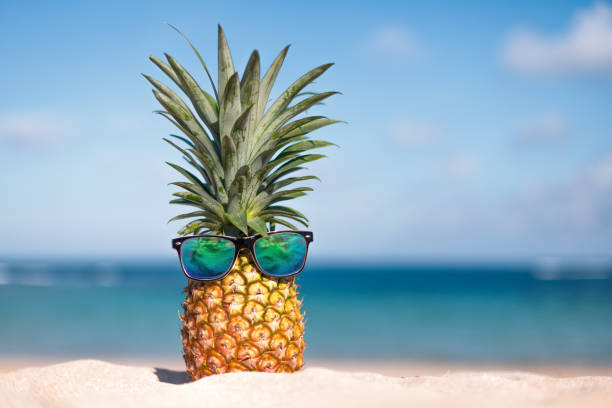 istock Two pineapples with trendy sunglasses in tropical paradise 1823640103