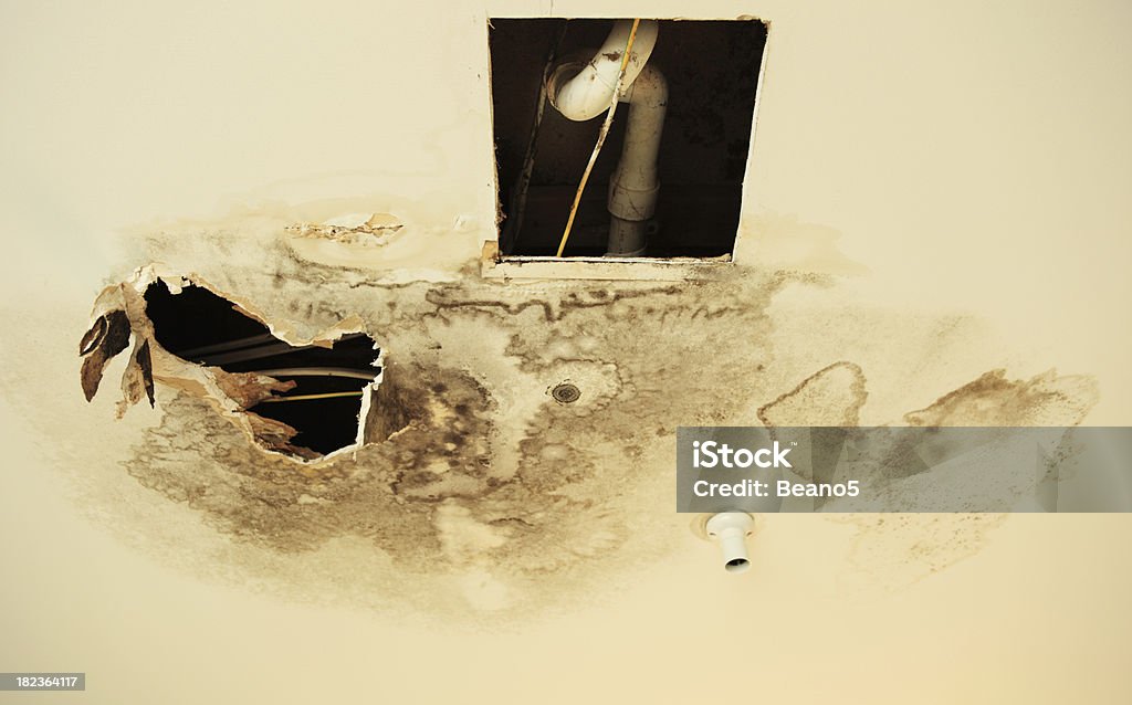 Water damage "Mouldy ceiling with foot hole and access point, light fitting, affected by water." Ceiling Stock Photo